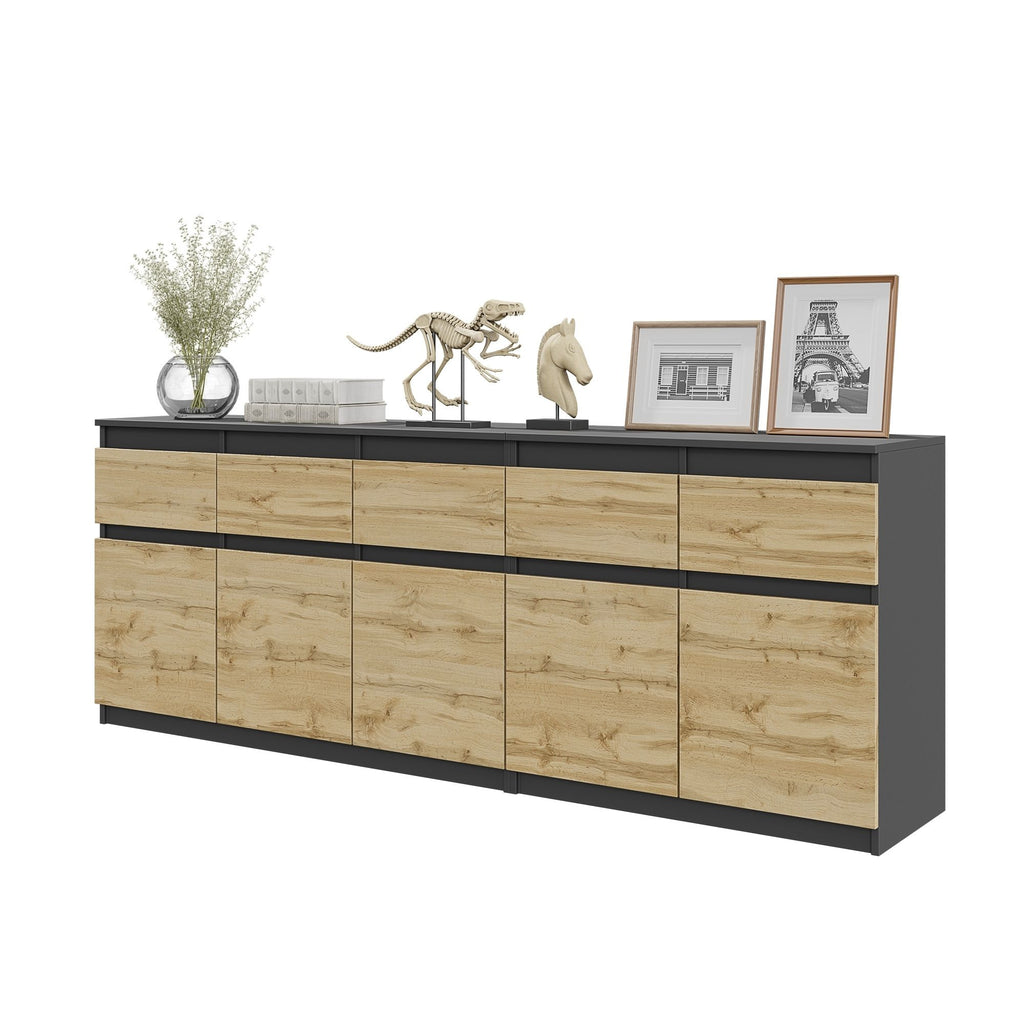 NOAH - Chest of 5 Drawers and 5 Doors - Bedroom Dresser Storage Cabinet Sideboard - Anthracite / Wotan Oak H29 1/2" W78 3/4" D13 3/4"