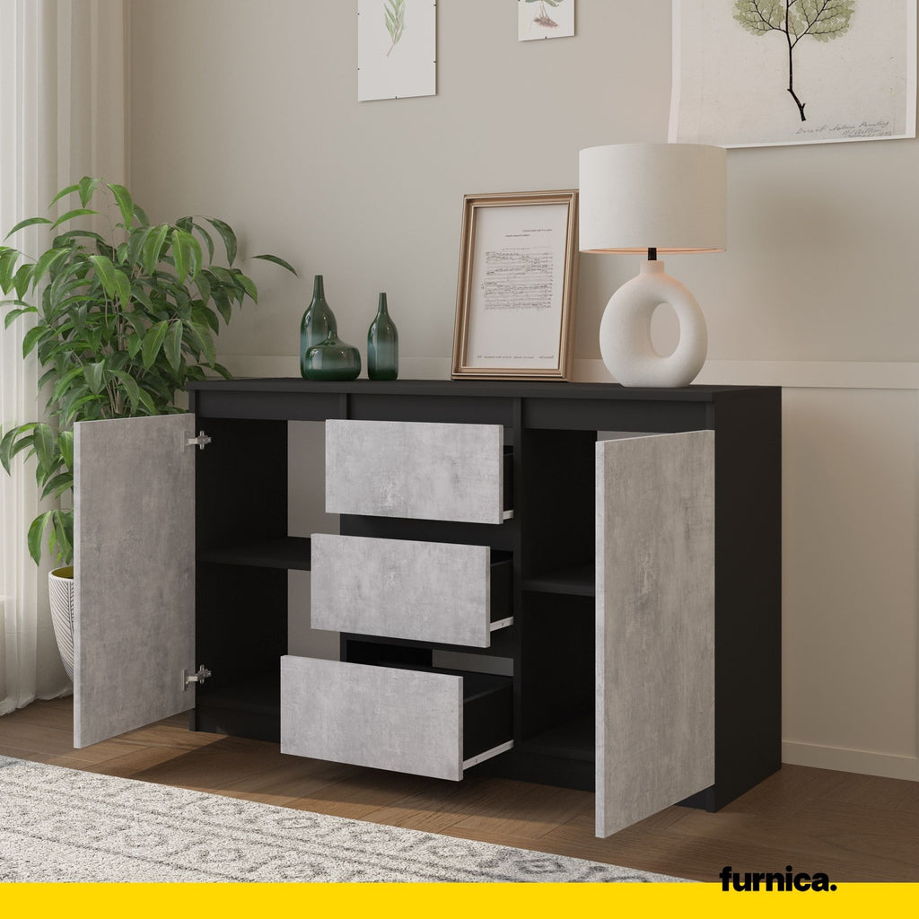 MIKEL - Chest of 3 Drawers and 2 Doors - Bedroom Dresser Storage Cabinet Sideboard - Anthracite / Concrete H29 1/2" W47 1/4" D13 3/4"