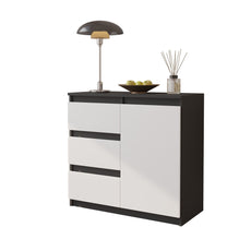 MIKEL - Chest of 3 Drawers and 1 Door - Bedroom Dresser Storage Cabinet Sideboard - Anthracite / White Matt H29 1/2" W31 1/2" D13 3/4"