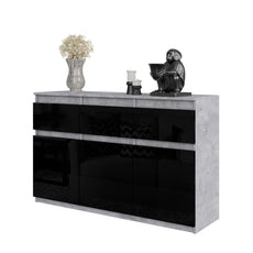 NOAH - Chest of 3 Drawers and 3 Doors - Bedroom Dresser Storage Cabinet Sideboard - Concrete / Black Gloss H29 1/2" W47 1/4" D13 3/4"