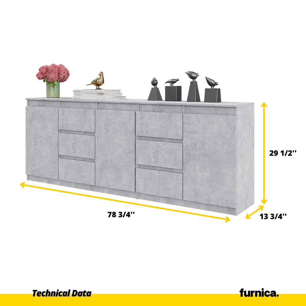 MIKEL - Chest of 6 Drawers and 3 Doors - Bedroom Dresser Storage Cabinet Sideboard - Concrete H29 1/2" W78 3/4" D13 3/4"