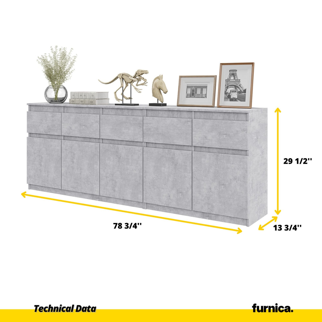 NOAH - Chest of 5 Drawers and 5 Doors - Bedroom Dresser Storage Cabinet Sideboard - Concrete H29 1/2" W78 3/4" D13 3/4"