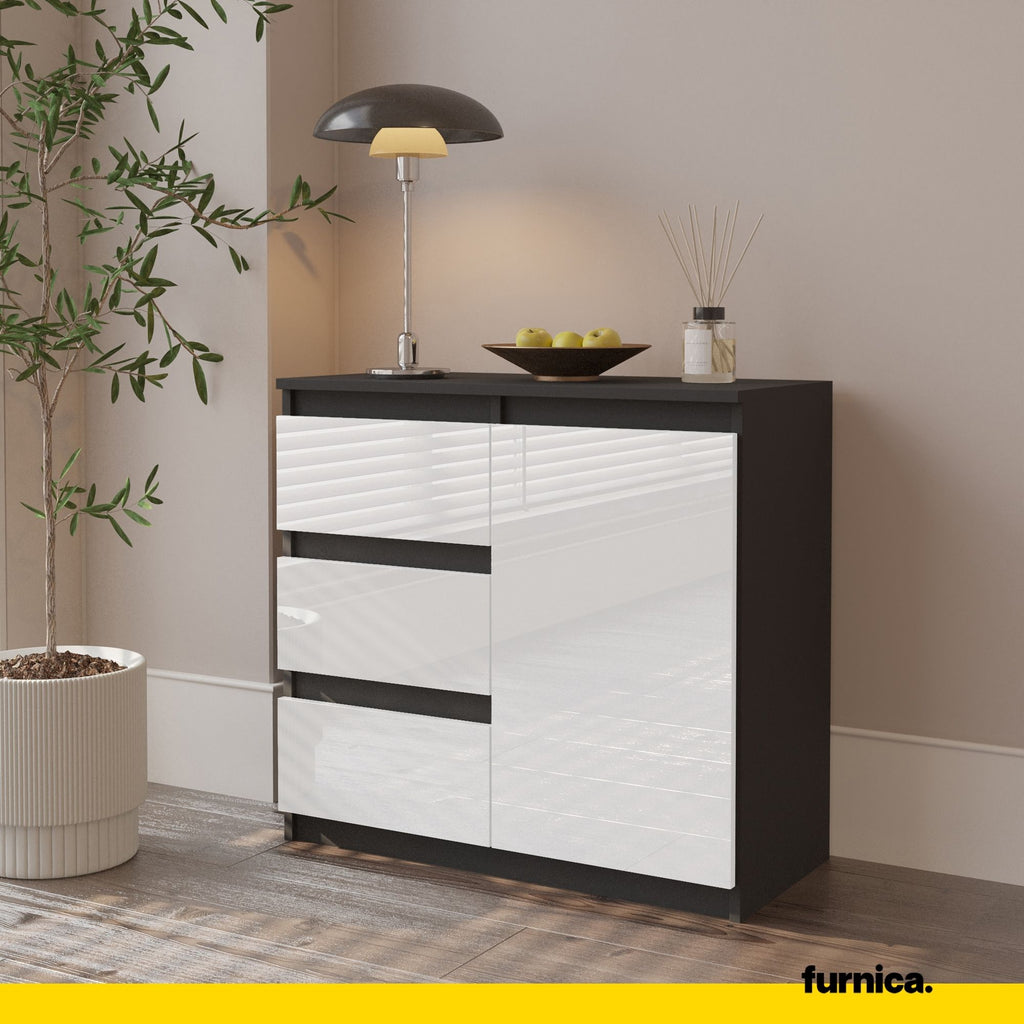 MIKEL - Chest of 3 Drawers and 1 Door - Bedroom Dresser Storage Cabinet Sideboard - Anthracite / White Gloss H29 1/2" W31 1/2" D13 3/4"