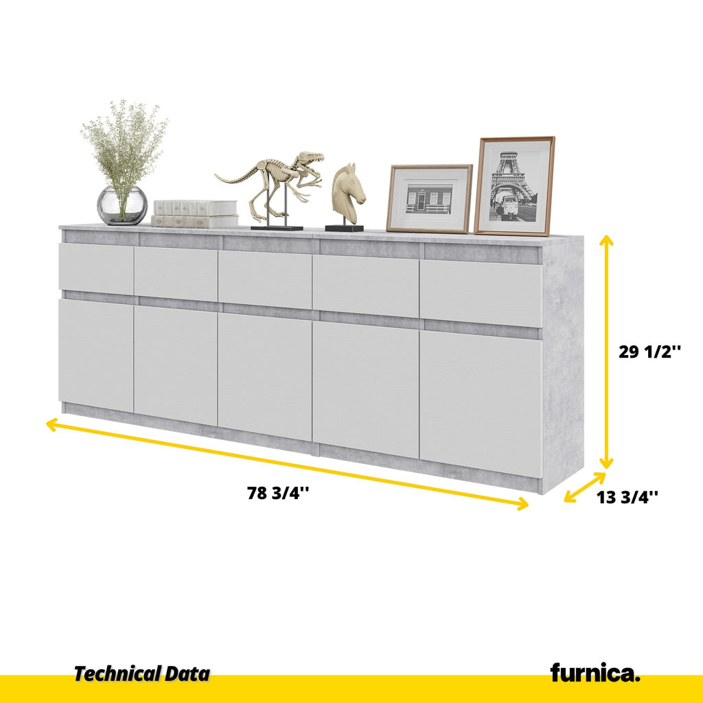 NOAH - Chest of 5 Drawers and 5 Doors - Bedroom Dresser Storage Cabinet Sideboard - Concrete / White Matt H29 1/2" W78 3/4" D13 3/4"