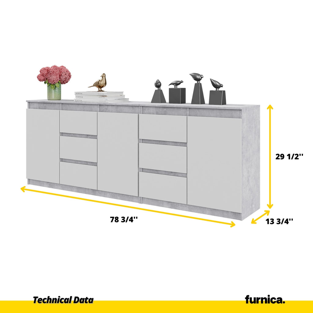 MIKEL - Chest of 6 Drawers and 3 Doors - Bedroom Dresser Storage Cabinet Sideboard - Concrete / White Matt H29 1/2" W78 3/4" D13 3/4"