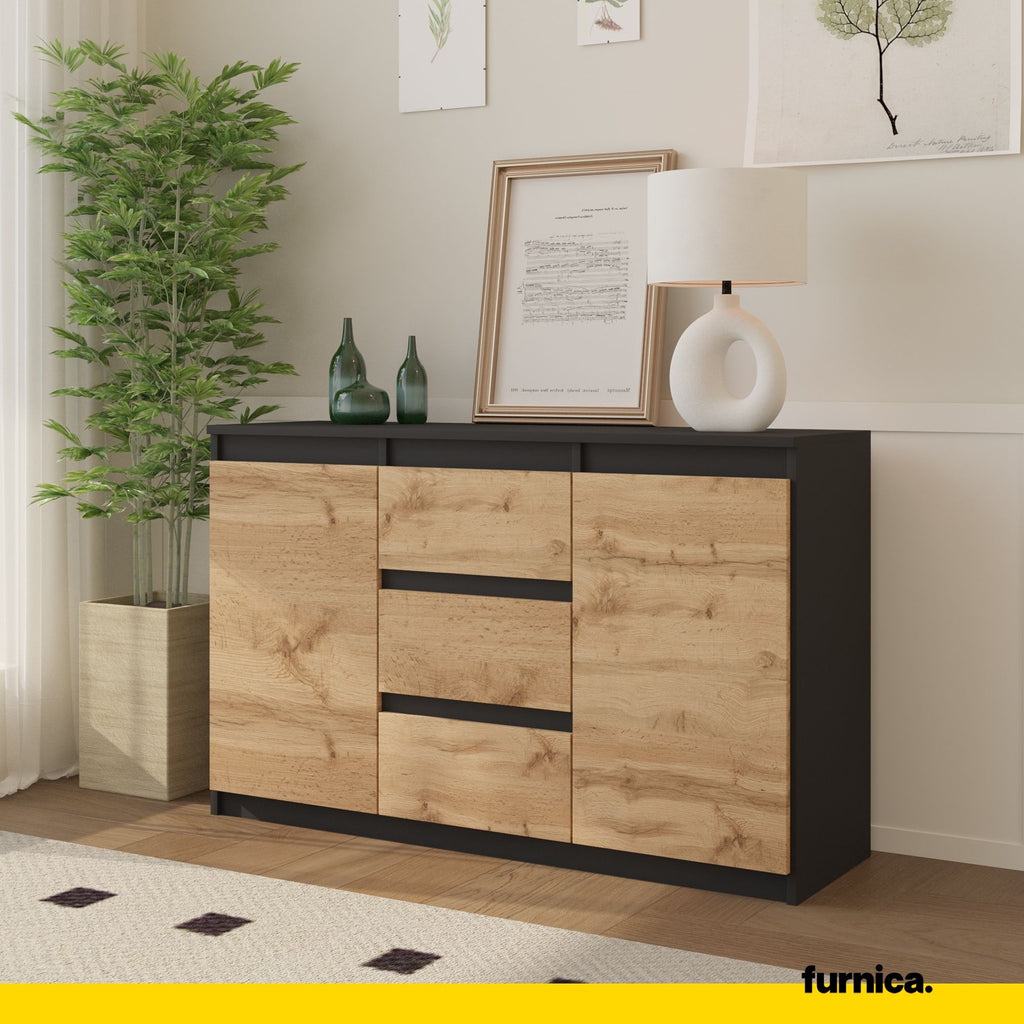 MIKEL - Chest of 3 Drawers and 2 Doors - Bedroom Dresser Storage Cabinet Sideboard - Anthracite / Wotan Oak H29 1/2" W47 1/4" D13 3/4"