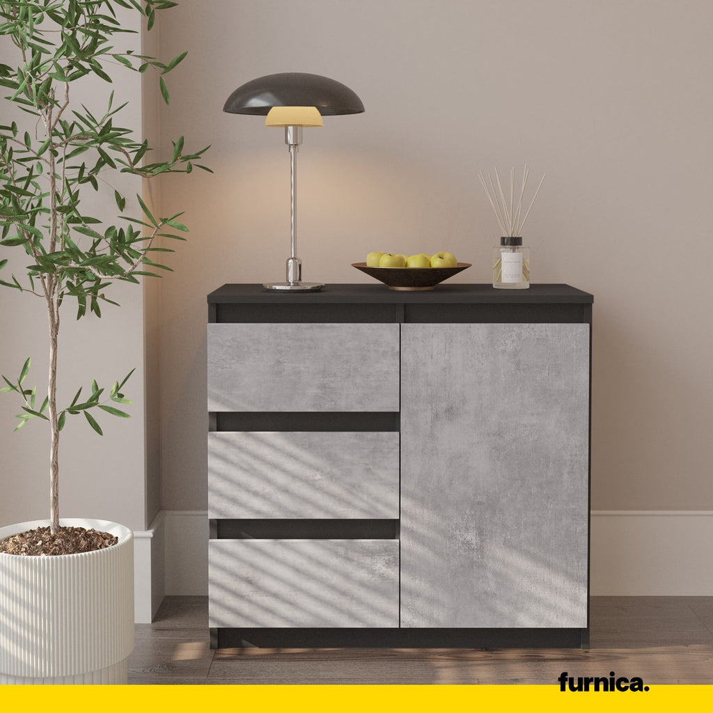 MIKEL - Chest of 3 Drawers and 1 Door - Bedroom Dresser Storage Cabinet Sideboard - Anthracite / Concrete H29 1/2" W31 1/2" D13 3/4"
