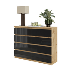 GABRIEL - Chest of 8 Drawers - Bedroom Dresser Storage Cabinet Sideboard - Wotan Oak / Black Gloss H36 3/8" W47 1/4" D13 1/4"