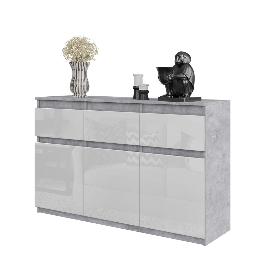 NOAH - Chest of 3 Drawers and 3 Doors - Bedroom Dresser Storage Cabinet Sideboard - Concrete / White Gloss H29 1/2" W47 1/4" D13 3/4"