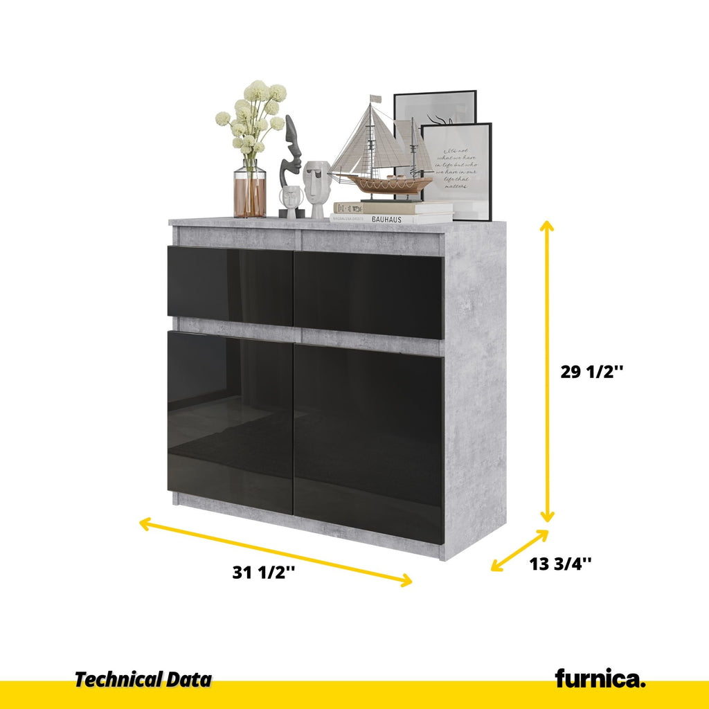 NOAH - Chest of 2 Drawers and 2 Doors - Bedroom Dresser Storage Cabinet Sideboard - Concrete / Black Gloss H29 1/2" W31 1/2" D13 3/4"