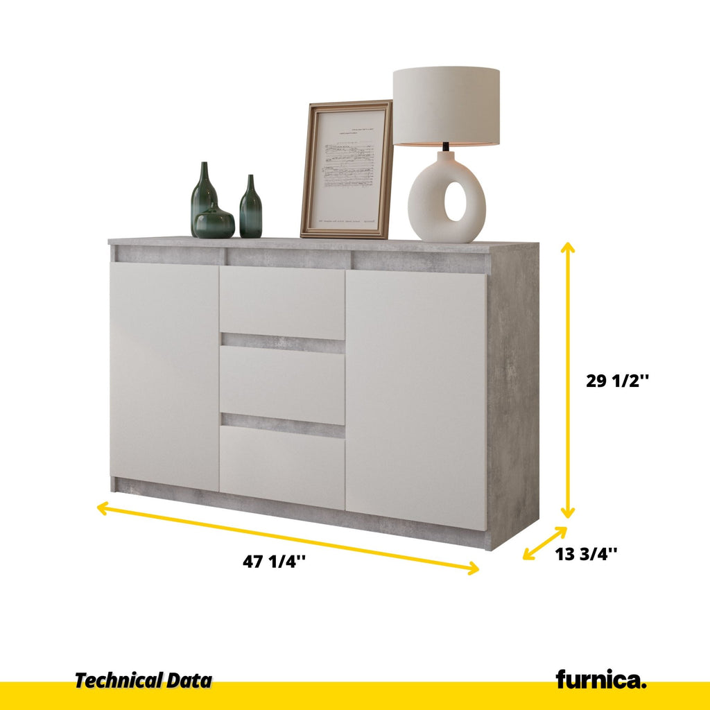 MIKEL - Chest of 3 Drawers and 2 Doors - Bedroom Dresser Storage Cabinet Sideboard - Concrete / White Matt H29 1/2" W47 1/4" D13 3/4"