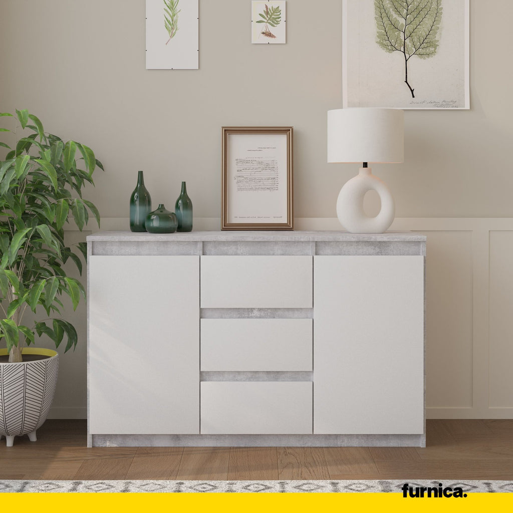 MIKEL - Chest of 3 Drawers and 2 Doors - Bedroom Dresser Storage Cabinet Sideboard - Concrete / White Matt H29 1/2" W47 1/4" D13 3/4"