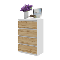 GABRIEL - Chest of 4 Drawers - Bedroom Dresser Storage Cabinet Sideboard - White Matt / Wotan Oak H36 3/8" W23 5/8" D13 1/4"