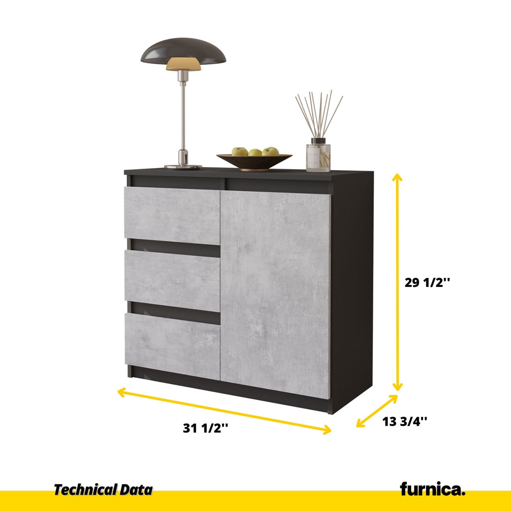 MIKEL - Chest of 3 Drawers and 1 Door - Bedroom Dresser Storage Cabinet Sideboard - Anthracite / Concrete H29 1/2" W31 1/2" D13 3/4"