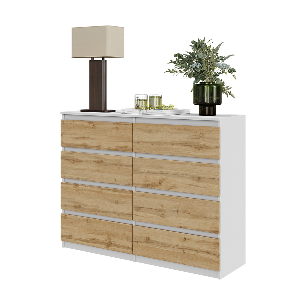 GABRIEL - Chest of 8 Drawers - Bedroom Dresser Storage Cabinet Sideboard - White Matt / Wotan Oak H36 3/8" W47 1/4" D13 1/4"
