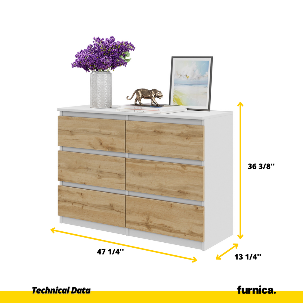 GABRIEL - Chest of 6 Drawers - Bedroom Dresser Storage Cabinet Sideboard - White / Wotan Oak H28" W39 3/8" D13"