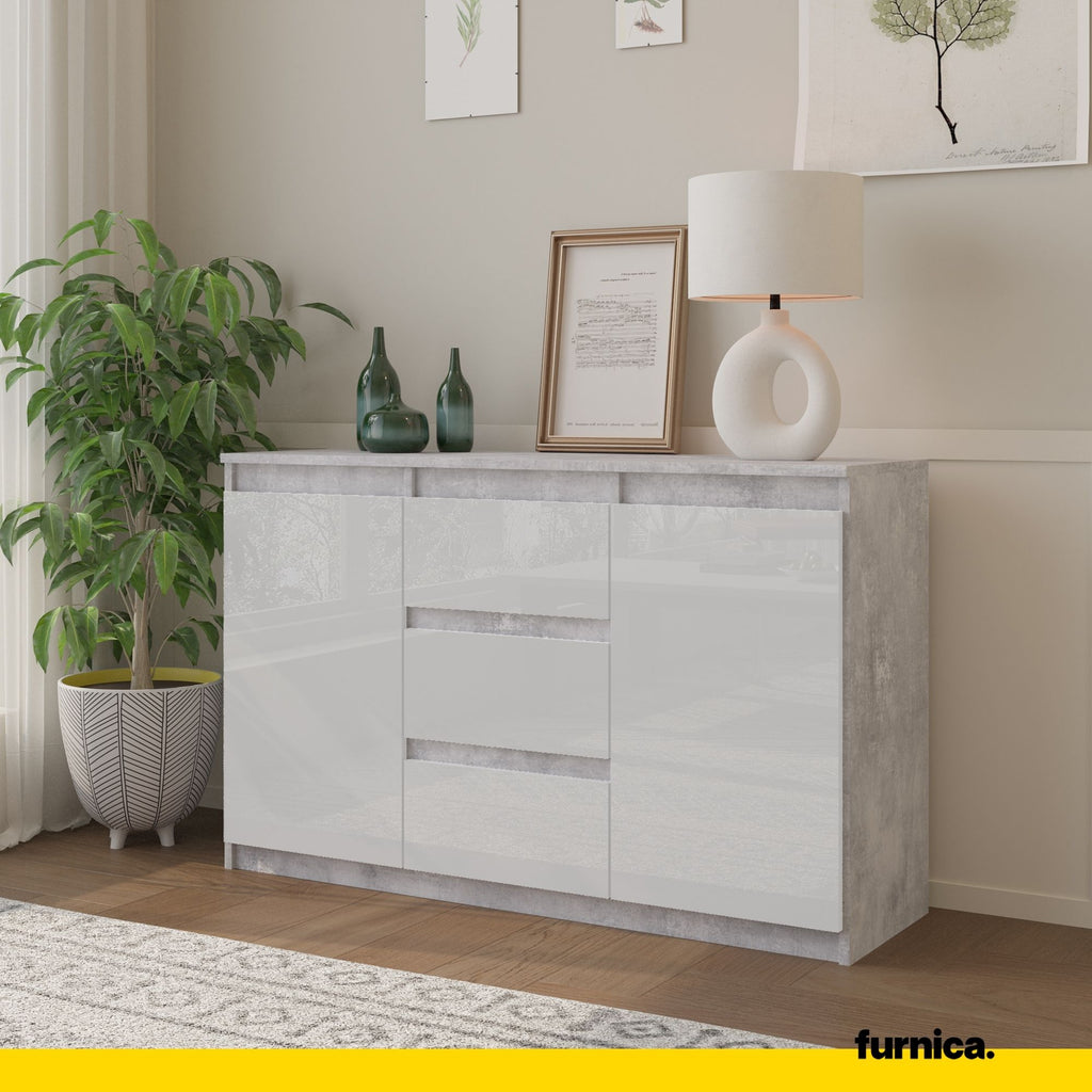 MIKEL - Chest of 3 Drawers and 2 Doors - Bedroom Dresser Storage Cabinet Sideboard - Concrete / White Gloss H29 1/2" W47 1/4" D13 3/4"