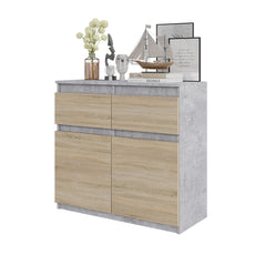 NOAH - Chest of 2 Drawers and 2 Doors - Bedroom Dresser Storage Cabinet Sideboard - Concrete / Sonoma Oak H29 1/2" W31 1/2" D13 3/4"