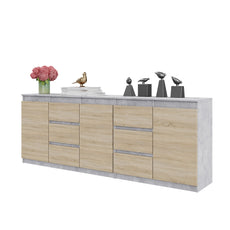 MIKEL - Chest of 6 Drawers and 3 Doors - Bedroom Dresser Storage Cabinet Sideboard - Concrete / Sonoma Oak H29 1/2" W78 3/4" D13 3/4"