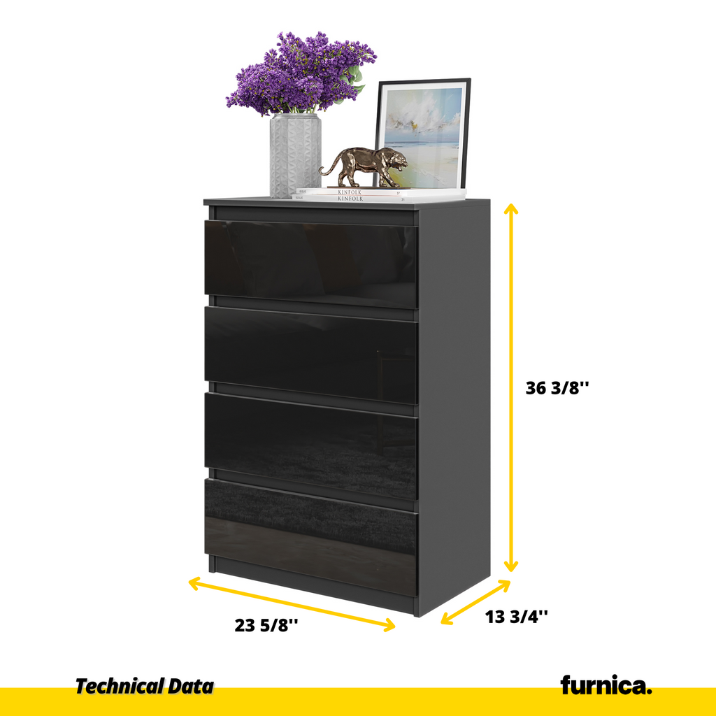 GABRIEL - Chest of 4 Drawers - Bedroom Dresser Storage Cabinet Sideboard - Anthracite / Black Gloss H36 3/8" W23 5/8" D13 1/4"