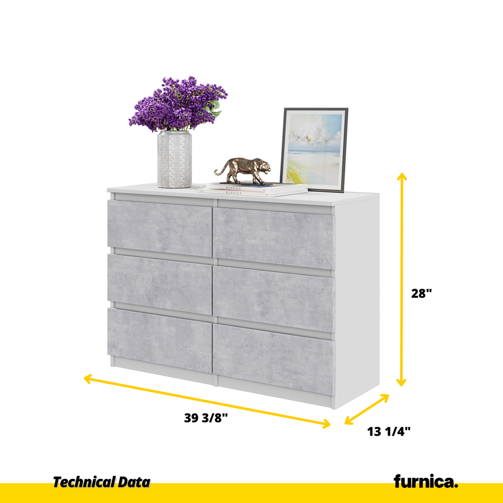 GABRIEL - Chest of 6 Drawers - Bedroom Dresser Storage Cabinet Sideboard - White Matt / Concrete H28" W39 3/8" D13"