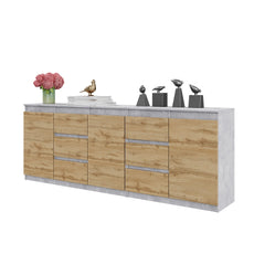 MIKEL - Chest of 6 Drawers and 3 Doors - Bedroom Dresser Storage Cabinet Sideboard - Concrete / Wotan Oak H29 1/2" W78 3/4" D13 3/4"
