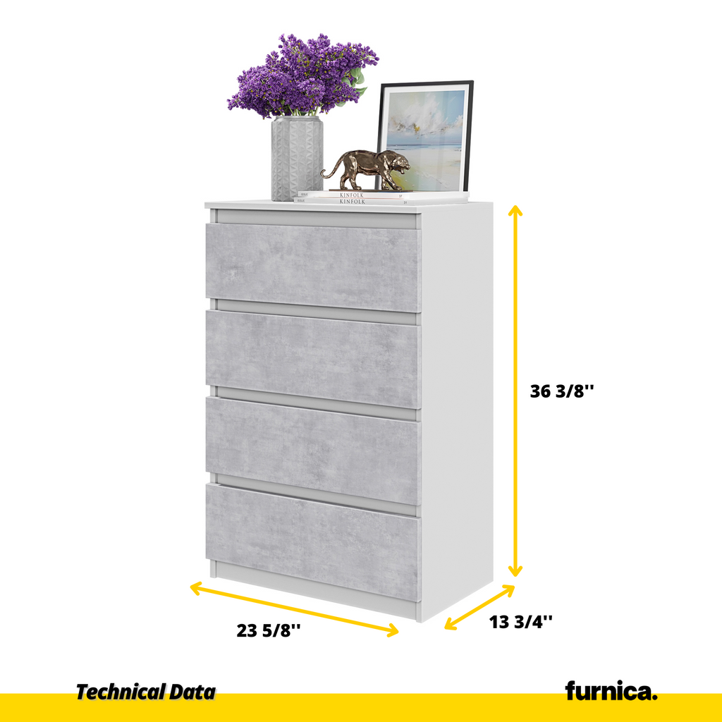 GABRIEL - Chest of 4 Drawers - Bedroom Dresser Storage Cabinet Sideboard - White Matt / Concrete H36 3/8" W23 5/8" D13 1/4"