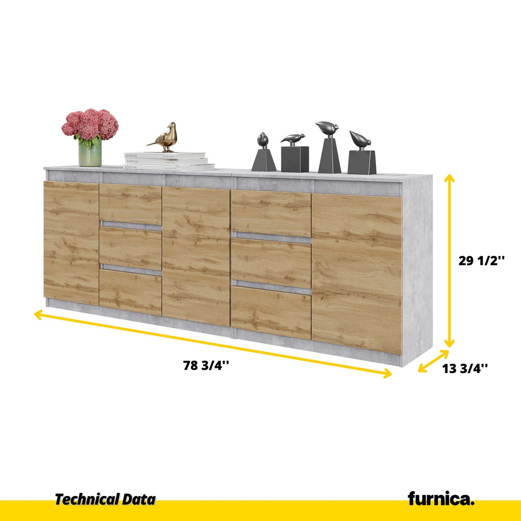 MIKEL - Chest of 6 Drawers and 3 Doors - Bedroom Dresser Storage Cabinet Sideboard - Concrete / Wotan Oak H29 1/2" W78 3/4" D13 3/4"
