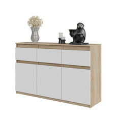 NOAH - Chest of 3 Drawers and 3 Doors - Bedroom Dresser Storage Cabinet Sideboard - Sonoma Oak / White Matt H29 1/2" W47 1/4" D13 3/4"