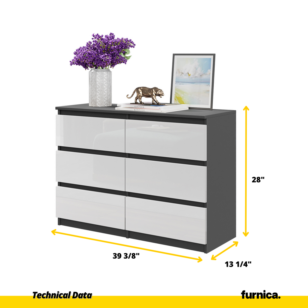 GABRIEL - Chest of 6 Drawers - Bedroom Dresser Storage Cabinet Sideboard - Anthracite / White Gloss H28" W39 3/8" D13"