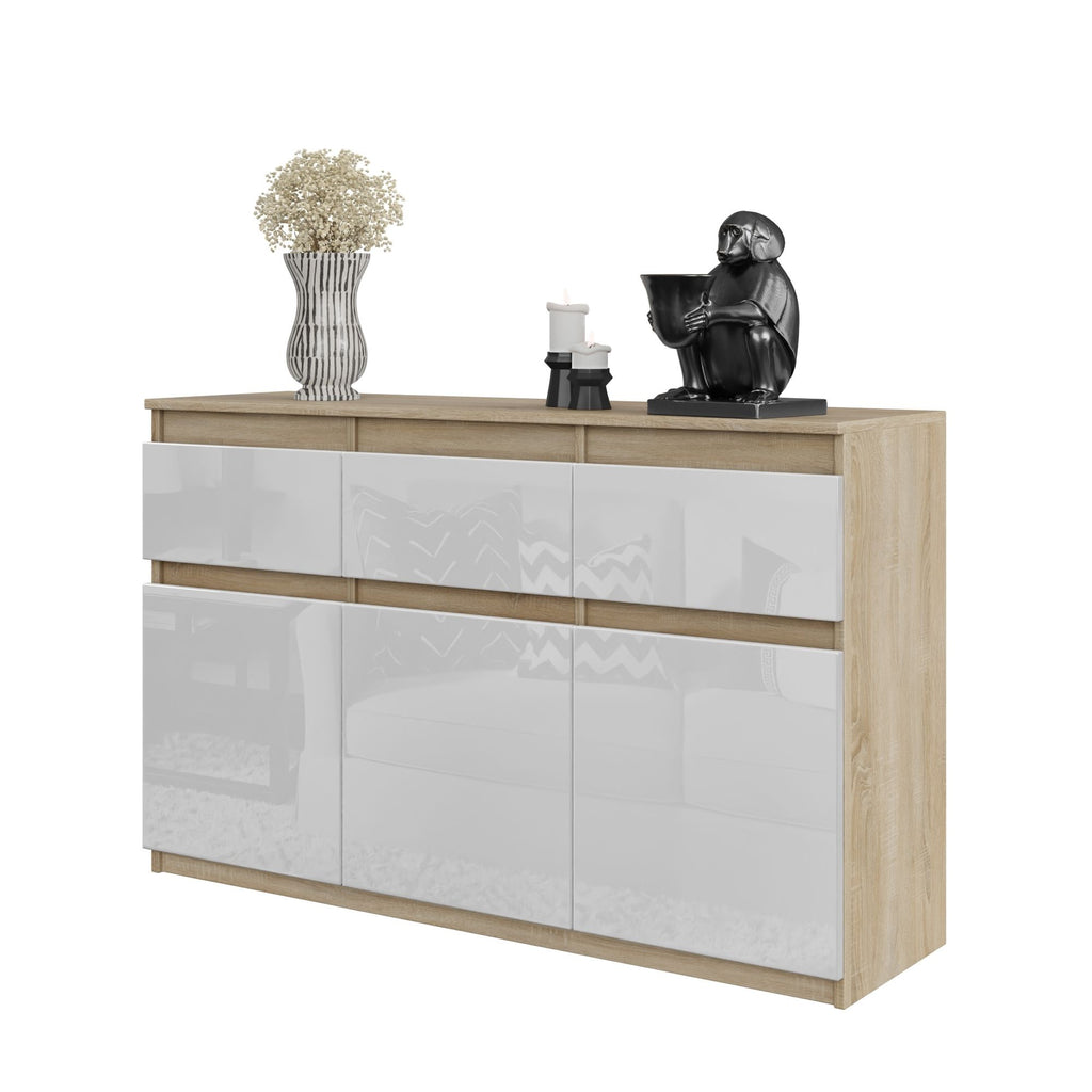 NOAH - Chest of 3 Drawers and 3 Doors - Bedroom Dresser Storage Cabinet Sideboard - Sonoma Oak / White Gloss H29 1/2" W47 1/4" D13 3/4"