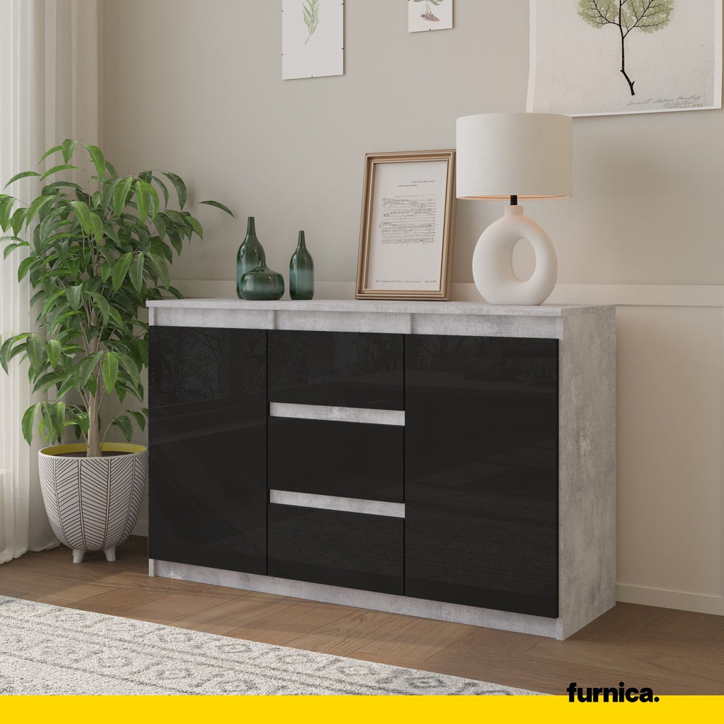 MIKEL - Chest of 3 Drawers and 2 Doors - Bedroom Dresser Storage Cabinet Sideboard - Concrete / Black Gloss H29 1/2" W47 1/4" D13 3/4" - Furnica MIKEL - Chest of 3 Drawers and 2 Doors - Bedroom Dresser Storage Cabinet Sideboard - Concrete / Black Gloss H29 1/2" W47 1/4" D13 3/4" - Furnica