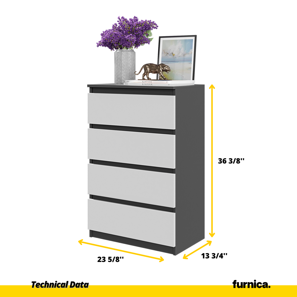 GABRIEL - Chest of 4 Drawers - Bedroom Dresser Storage Cabinet Sideboard - Anthracite / White Matt H36 3/8" W23 5/8" D13 1/4"