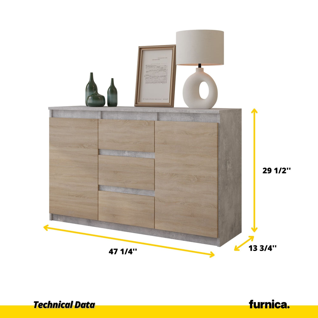 MIKEL - Chest of 3 Drawers and 2 Doors - Bedroom Dresser Storage Cabinet Sideboard - Concrete / Sonoma Oak H29 1/2" W47 1/4" D13 3/4"