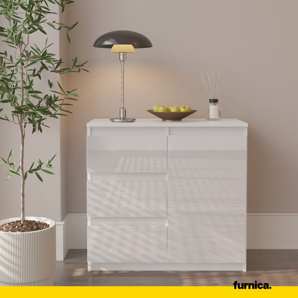 MIKEL - Chest of 3 Drawers and 1 Door - Bedroom Dresser Storage Cabinet Sideboard - White Matt / White Gloss H29 1/2