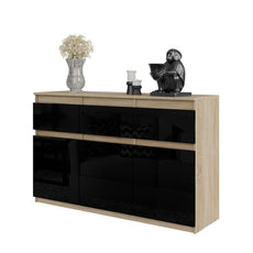 NOAH - Chest of 3 Drawers and 3 Doors - Bedroom Dresser Storage Cabinet Sideboard - Sonoma Oak / Black Gloss H29 1/2" W47 1/4" D13 3/4"
