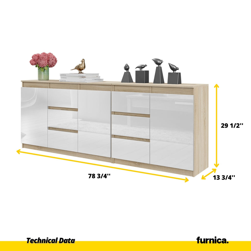 MIKEL - Chest of 6 Drawers and 3 Doors - Bedroom Dresser Storage Cabinet Sideboard - Sonoma Oak / White Gloss H29 1/2" W78 3/4" D13 3/4"