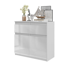 NOAH - Chest of 2 Drawers and 2 Doors - Bedroom Dresser Storage Cabinet Sideboard - White Matt / White Gloss H29 1/2" W31 1/2" D13 3/4"