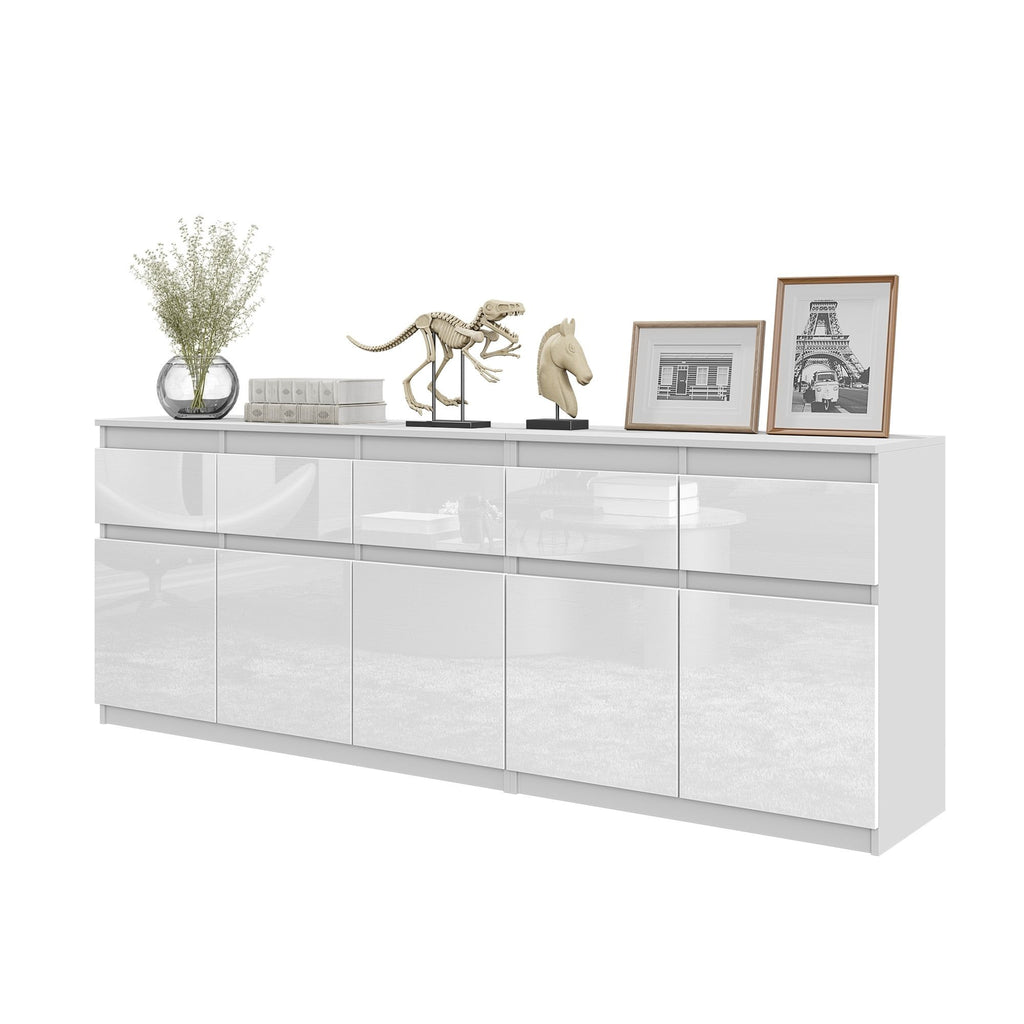 NOAH - Chest of 5 Drawers and 5 Doors - Bedroom Dresser Storage Cabinet Sideboard - White Matt / White Gloss H29 1/2" W78 3/4" D13 3/4"