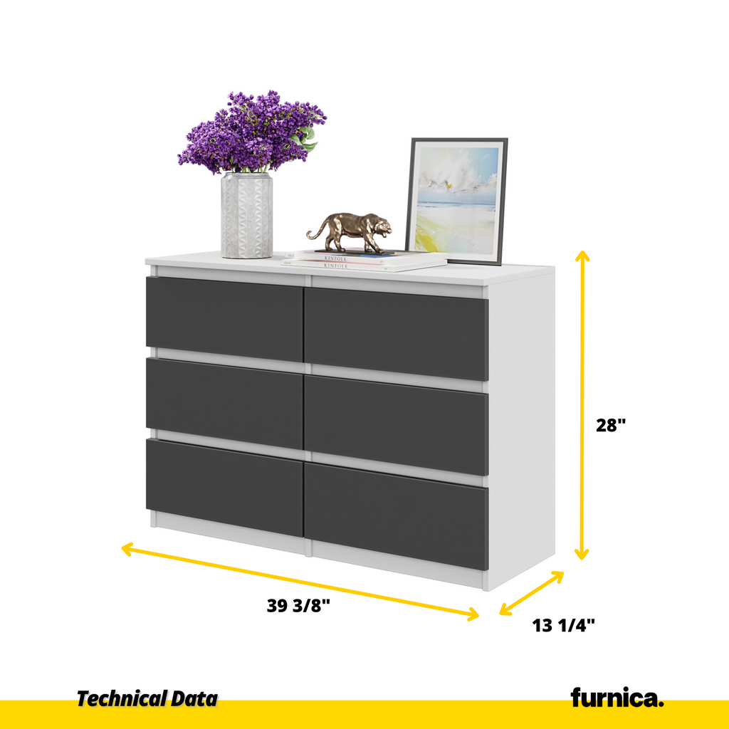 GABRIEL - Chest of 6 Drawers - Bedroom Dresser Storage Cabinet Sideboard - White Matt / Anthracite H28" W39 3/8" D13"