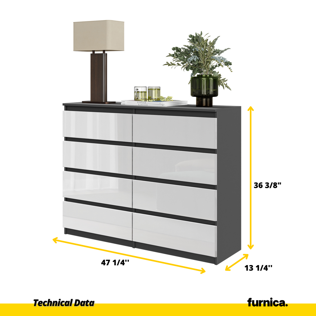 GABRIEL - Chest of 8 Drawers - Bedroom Dresser Storage Cabinet Sideboard - Anthracite / White Gloss H36 3/8" W47 1/4" D13 1/4"