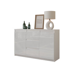 MIKEL - Chest of 3 Drawers and 2 Doors - Bedroom Dresser Storage Cabinet Sideboard - White Matt / White Gloss H29 1/2" W47 1/4" D13 3/4"