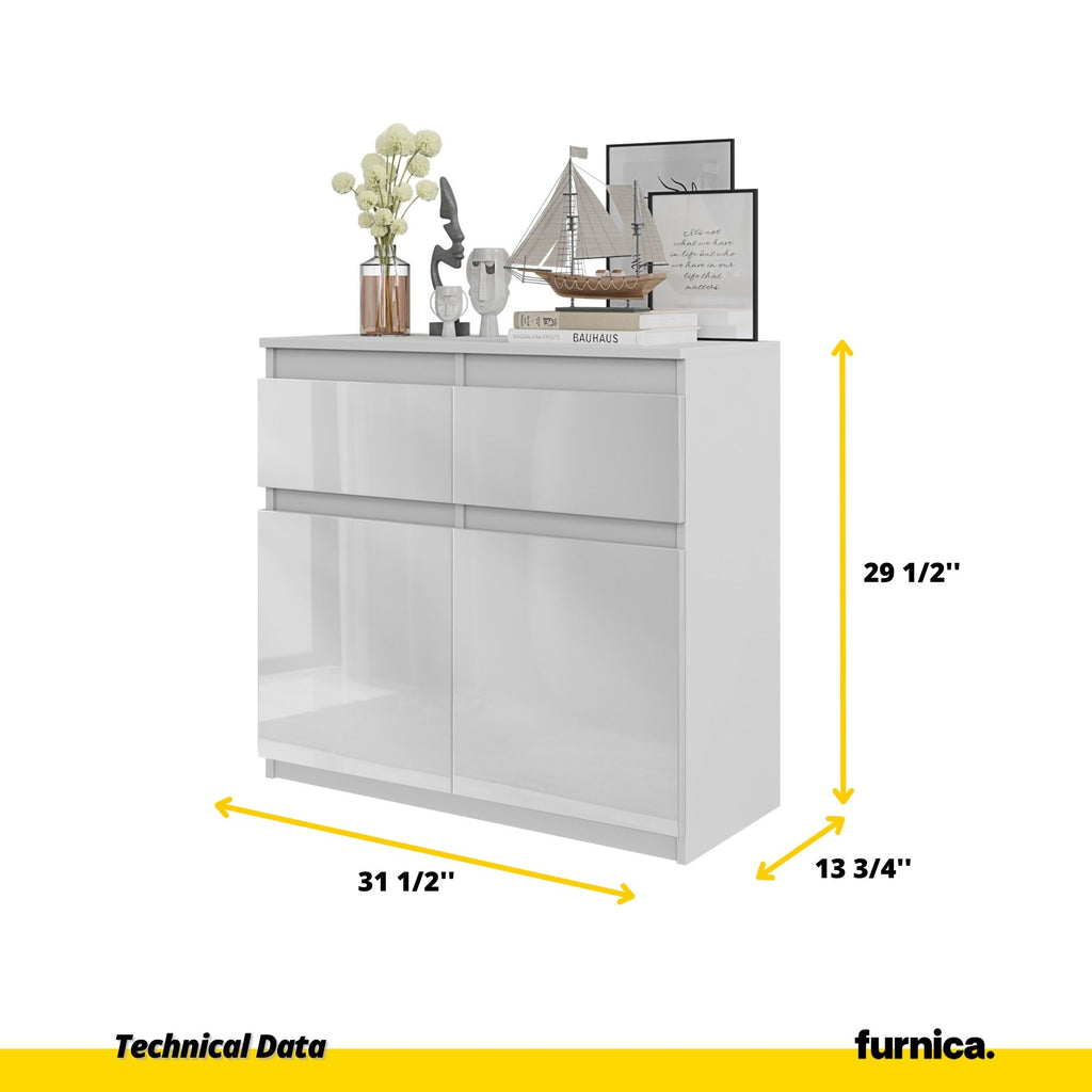 NOAH - Chest of 2 Drawers and 2 Doors - Bedroom Dresser Storage Cabinet Sideboard - White Matt / White Gloss H29 1/2" W31 1/2" D13 3/4"