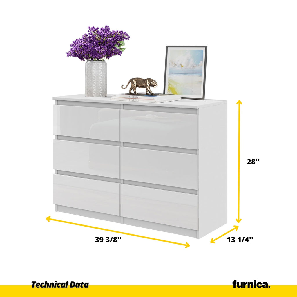 GABRIEL - Chest of 6 Drawers - Bedroom Dresser Storage Cabinet Sideboard - White Matt / White Gloss H28" W39 3/8" D13"
