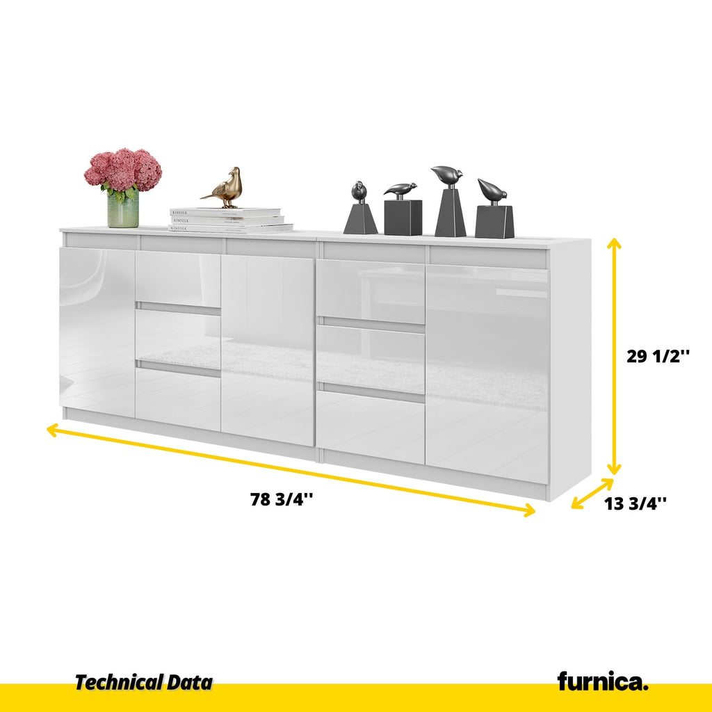 MIKEL - Chest of 6 Drawers and 3 Doors - Bedroom Dresser Storage Cabinet Sideboard - White Matt / White Gloss H29 1/2" W78 3/4" D13 3/4"