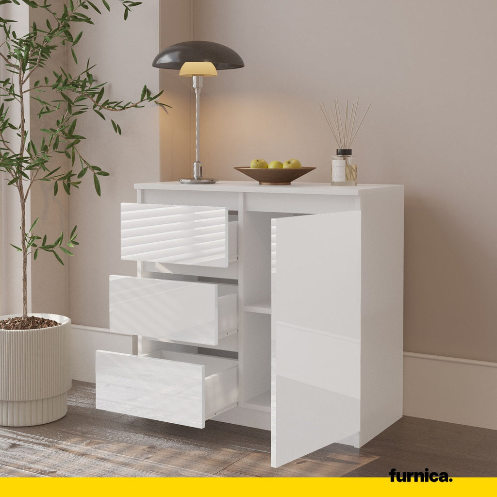 white gloss dresser MIKEL - Chest of 3 Drawers and 1 Door - Bedroom Dresser Storage Cabinet Sideboard - White Matt / White Gloss H29 1/2" W31 1/2" D13 3/4"