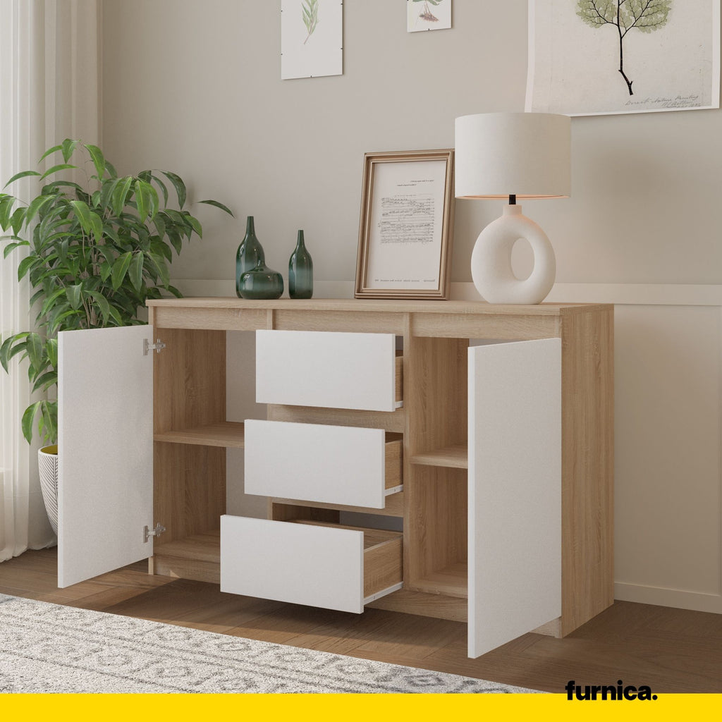 MIKEL - Chest of 3 Drawers and 2 Doors - Bedroom Dresser Storage Cabinet Sideboard - Sonoma Oak / White Matt H29 1/2" W47 1/4" D13 3/4"