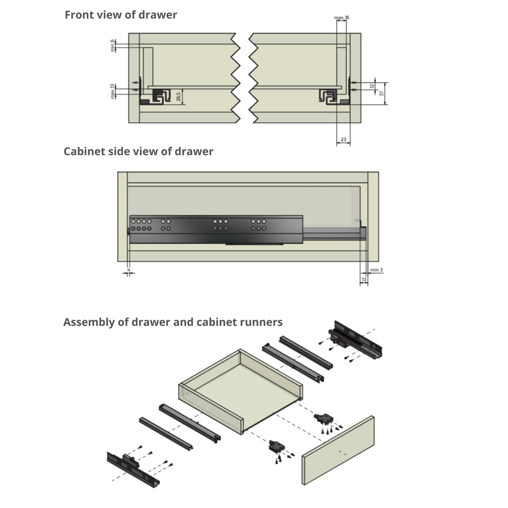 Push-to-Open Undermount Slides (left and right), Full Extension - 10-5/8 inch