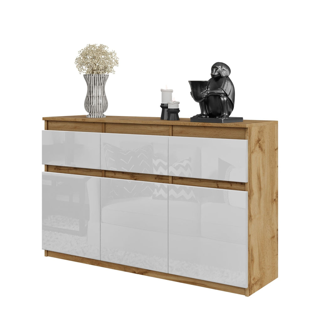 NOAH - Chest of 3 Drawers and 3 Doors - Bedroom Dresser Storage Cabinet Sideboard - Wotan Oak / White Gloss H29 1/2" W47 1/4" D13 3/4"