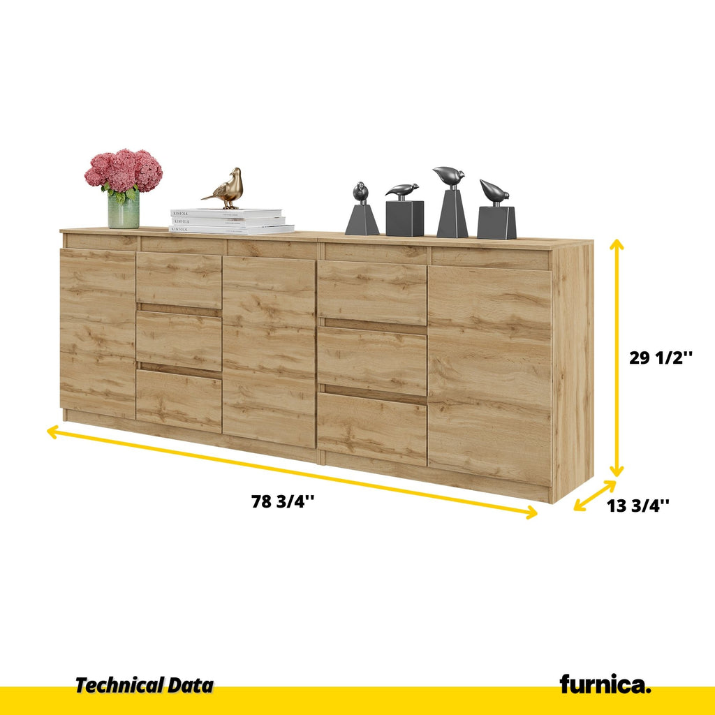 MIKEL - Chest of 6 Drawers and 3 Doors - Bedroom Dresser Storage Cabinet Sideboard - Wotan Oak H29 1/2" W78 3/4" D13 3/4"